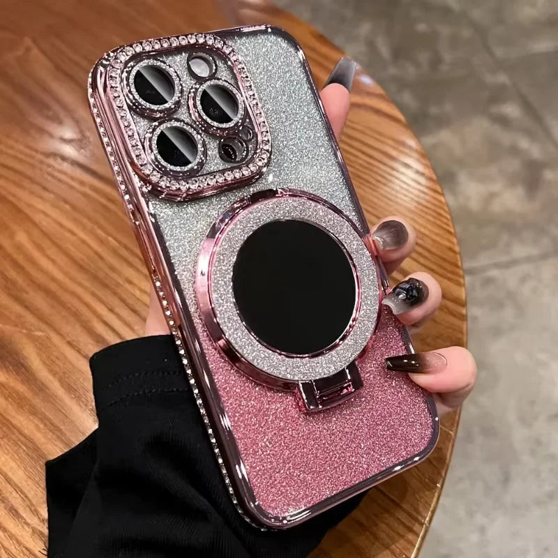 Glitter Magnetic Mirror Phone Case with Stand for iPhone 11 Pro, iPhone 11 Pro Max, iPhone 11, iPhone 14, iPhone 14 Pro, iPhone 13 Pro Max, iPhone 15, iPhone 15 Pro, iPhone 14 Pro Max, iPhone 12 Pro, iPhone 12 Pro Max, iPhone 12 & More Models
