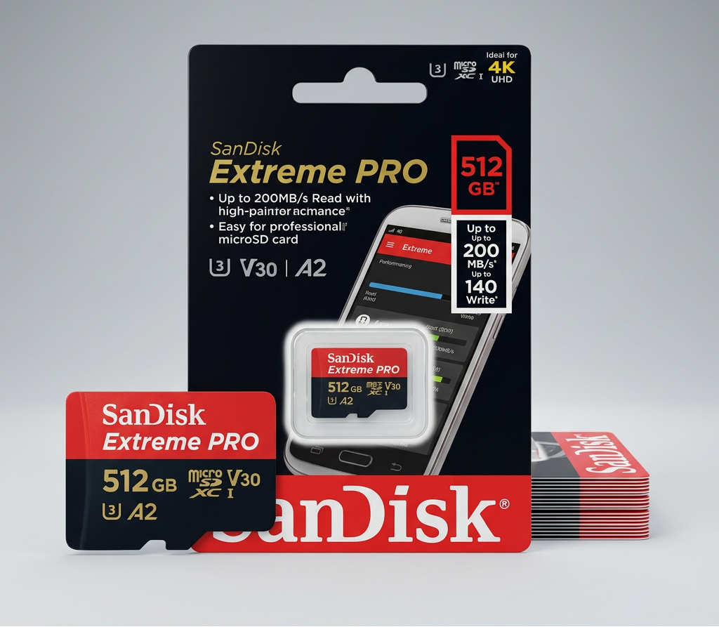 A SanDisk Extreme PRO 512GB microSDXC V30 A2 memory card shown on a plain white background, with the SanDisk logo printed above.