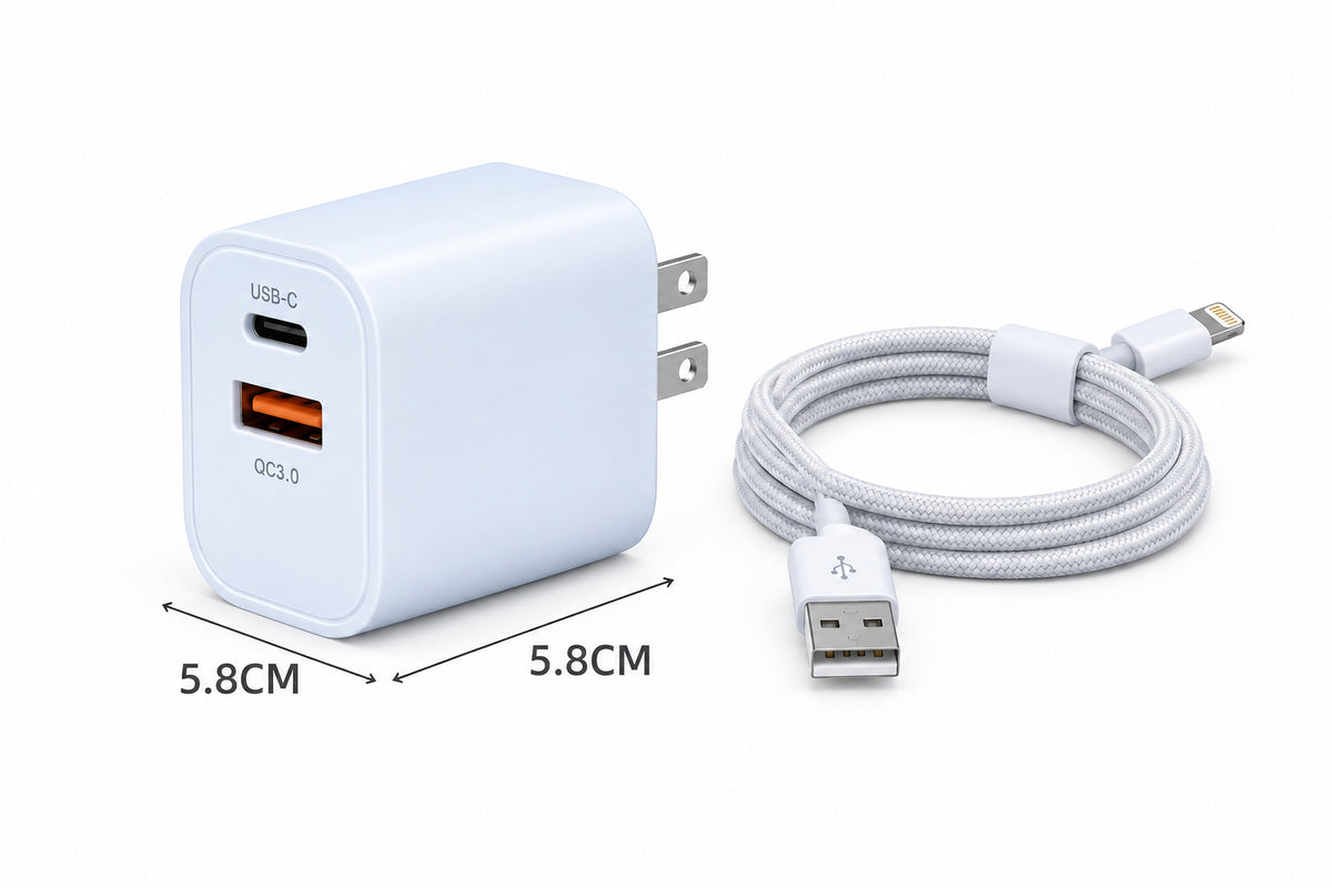 A white USB-C wall charger with a USB-A port, shown with dimension lines indicating 4.3CM height and 5.