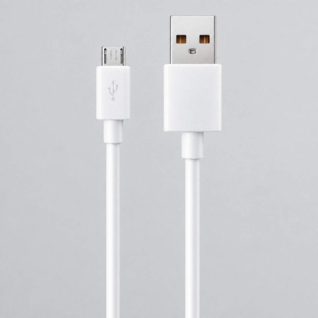 A white USB to Micro-USB charging cable with a white connector block and a silver USB-A plug, shown on a plain white background.