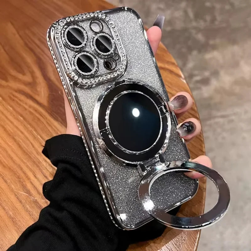 Glitter Magnetic Mirror Phone Case with Stand for iPhone 11 Pro, iPhone 11 Pro Max, iPhone 11, iPhone 14, iPhone 14 Pro, iPhone 13 Pro Max, iPhone 15, iPhone 15 Pro, iPhone 14 Pro Max, iPhone 12 Pro, iPhone 12 Pro Max, iPhone 12 & More Models