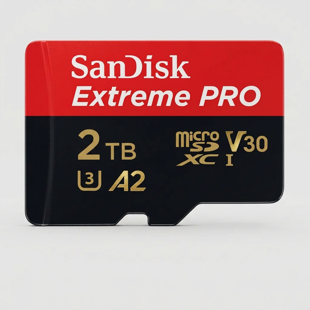 A SanDisk Extreme PRO 2TB microSDXC memory card shown on a plain white background, with the SanDisk logo printed above it.