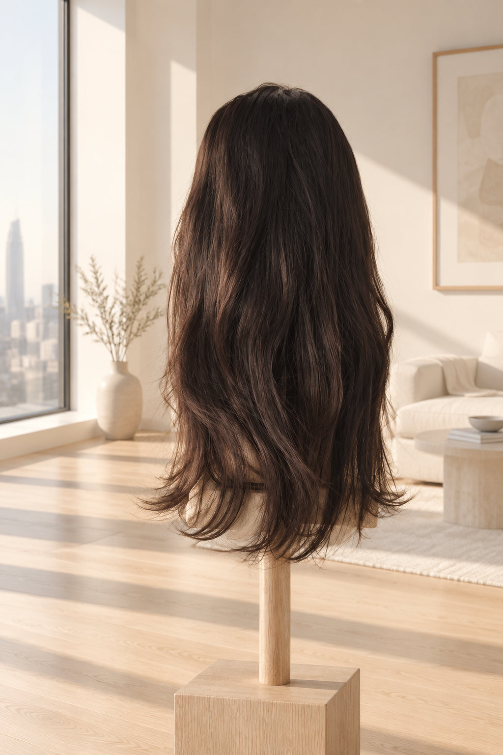 A long dark wig with subtle purple undertones, displayed on a wooden stand against a white textured tiled wall.