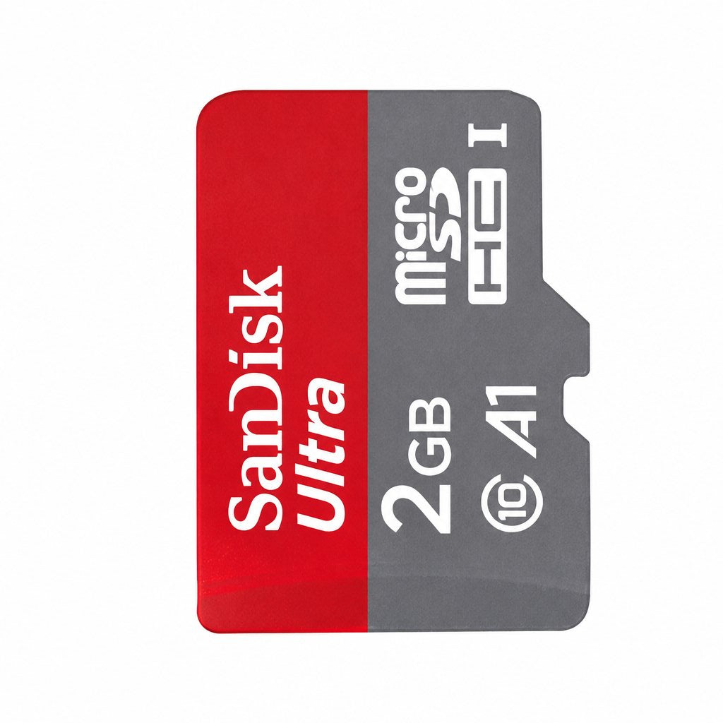 A SanDisk Ultra 2GB microSDHC (Class 10, A1) memory card shown on a plain white background. The card features a dual-color design with a red top half and a gray bottom half, both printed with white text.