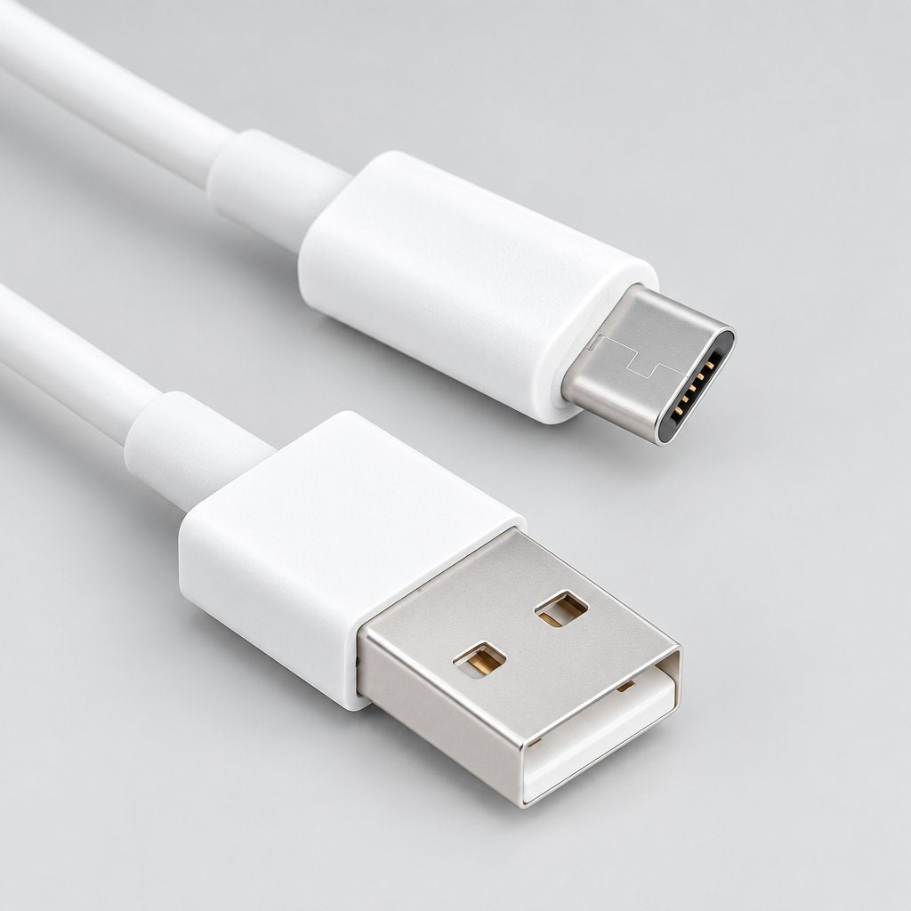 A white USB to Micro-USB cable with a white USB-A connector and a white Micro-USB connector, shown on a clean white background.